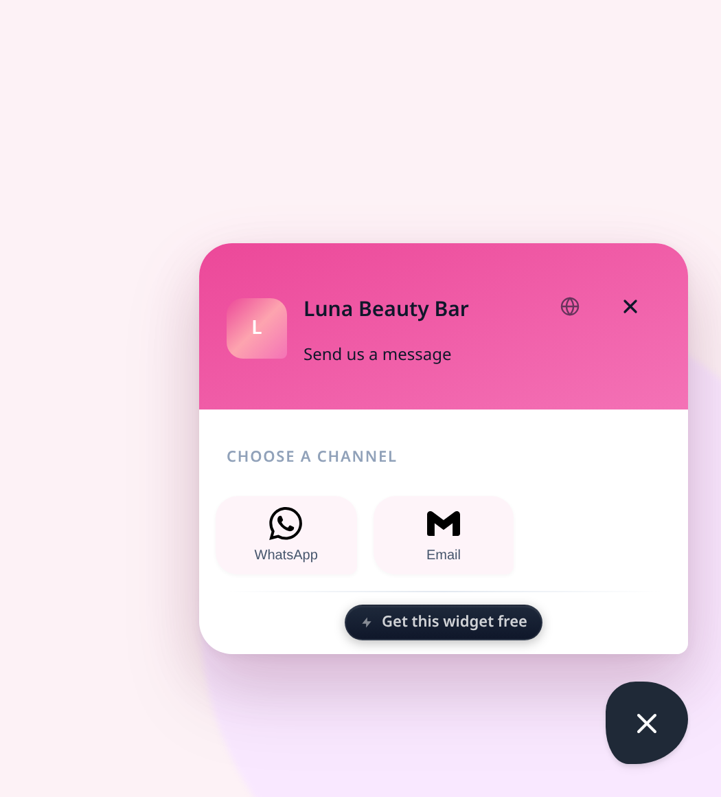 Chat widget styled for a beauty salon: rose gradient header, organic blob launcher, soft pink tiles.