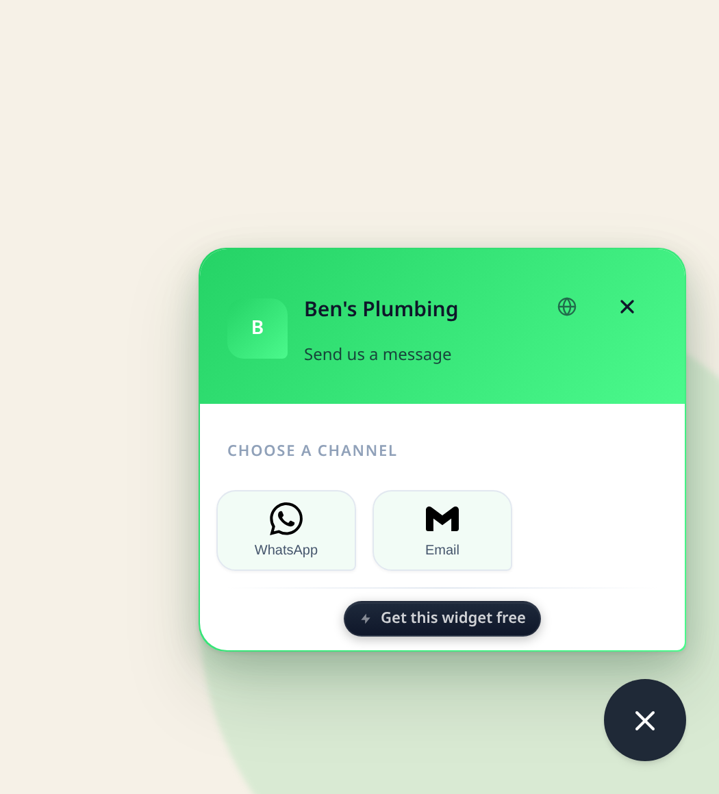 Chat widget styled for a plumbing business: WhatsApp-green header and channel window over a warm page.
