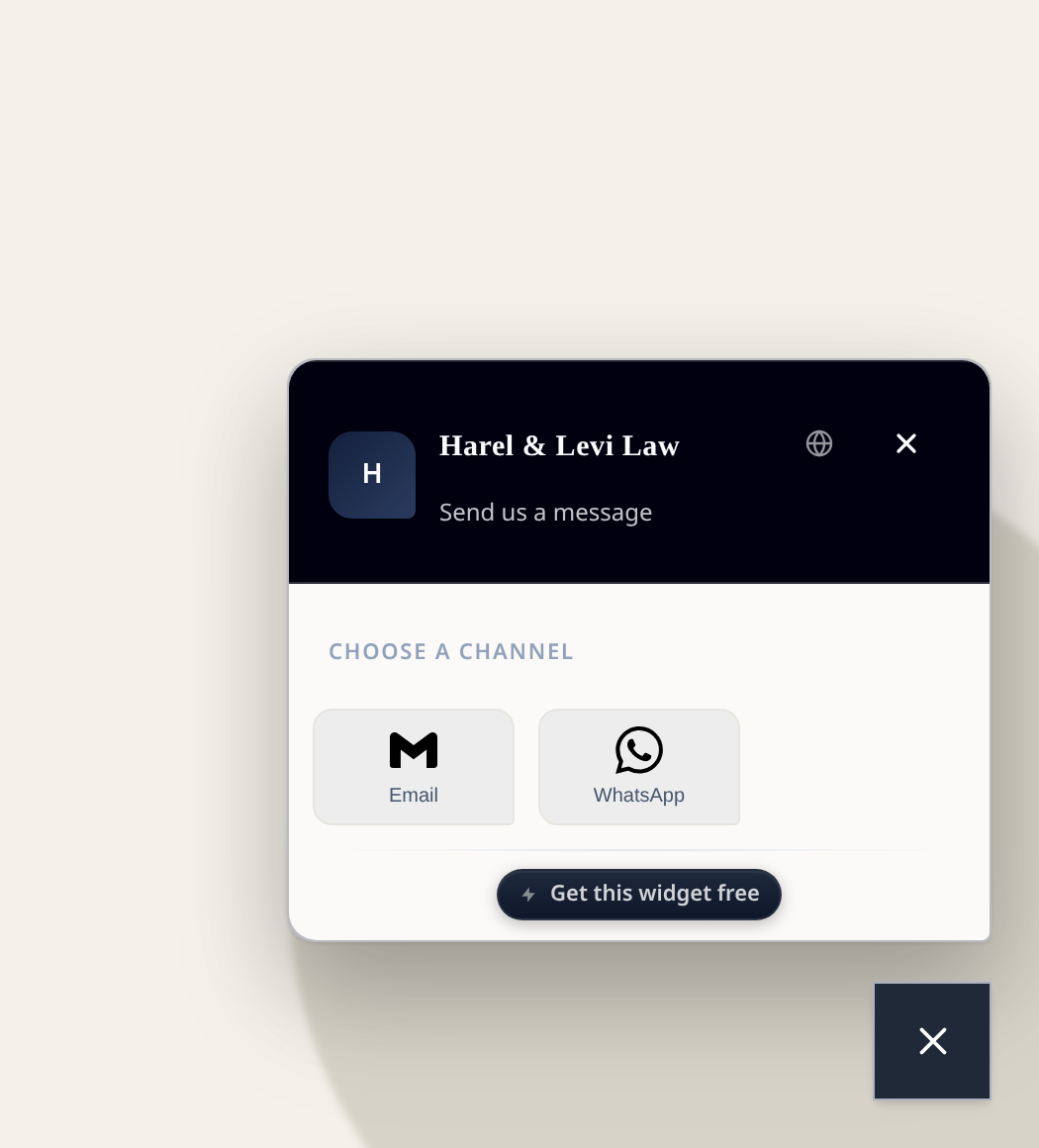 Chat widget styled for a law firm: deep navy header, square launcher, restrained minimal window.