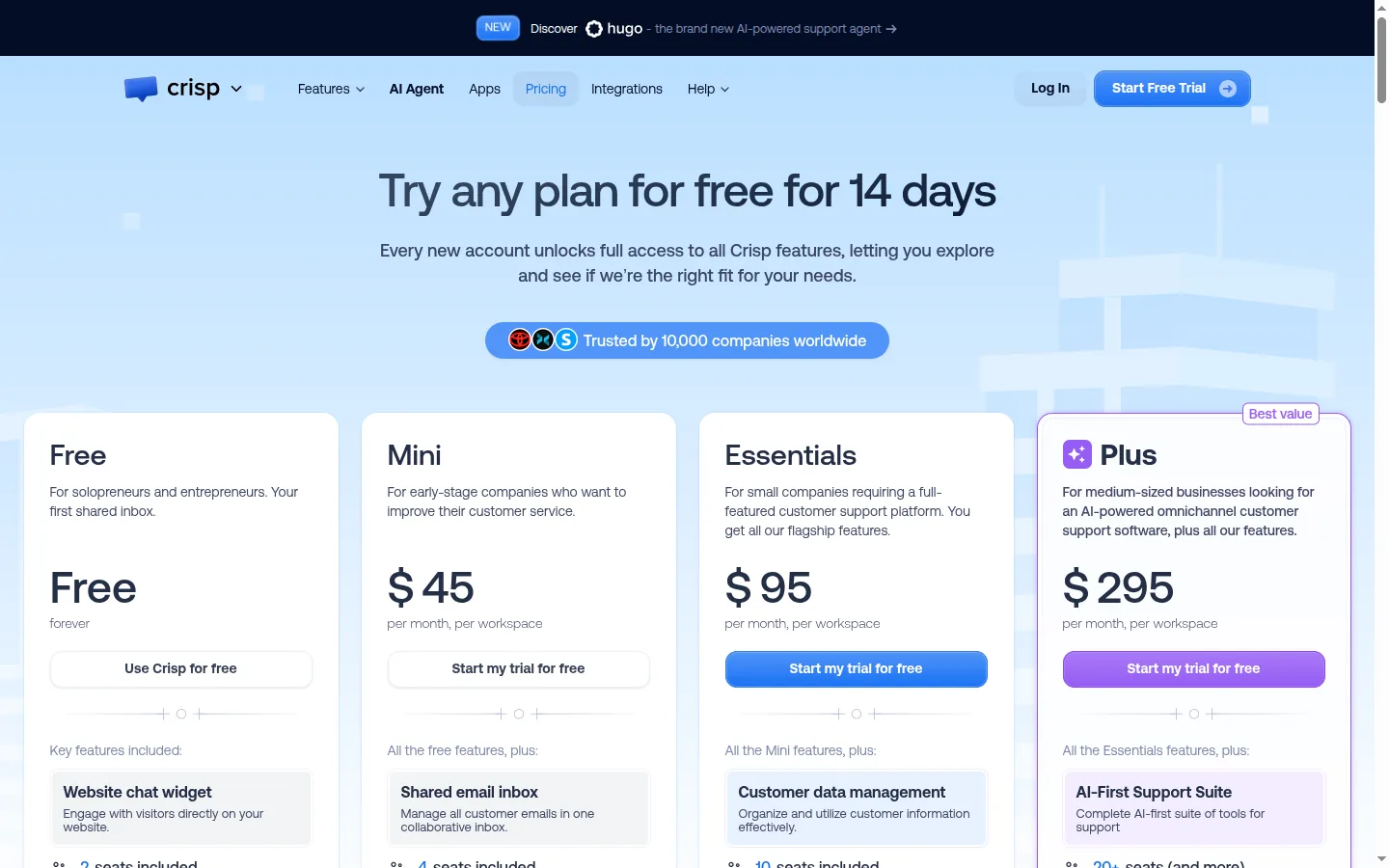 Crisp pricing page captured 2026-05-16 showing the Free, Pro, and Unlimited plans for the customer messaging platform