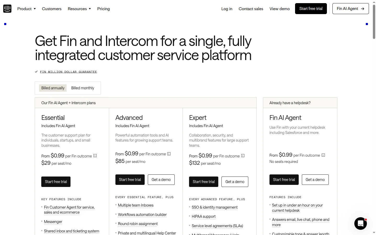 Intercom pricing page captured 2026-05-16 showing Essential, Advanced, and Expert seat-based plans starting at $29 per seat per month